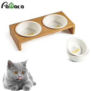 Pet Ceramic Bowl Wooden Dining Table Double Bowls Cat Feeder Non-slip Round Bamboo Dishes With Rack for Cat And Dog Pet Supplies