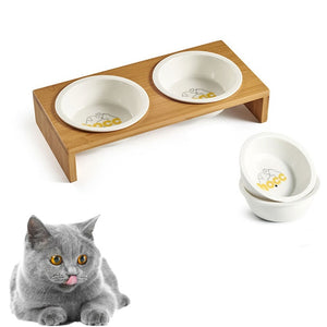 Pet Ceramic Bowl Wooden Dining Table Double Bowls Cat Feeder Non-slip Round Bamboo Dishes With Rack for Cat And Dog Pet Supplies