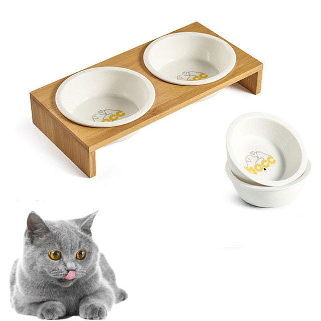 Pet Ceramic Bowl Wooden Dining Table Double Bowls Cat Feeder Non-slip Round Bamboo Dishes With Rack for Cat And Dog Pet Supplies