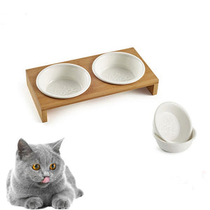 Pet Ceramic Bowl Wooden Dining Table Double Bowls Cat Feeder Non-slip Round Bamboo Dishes With Rack for Cat And Dog Pet Supplies