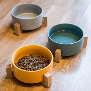 Ceramic Elevated Raised Cat Bowl with Wood Stand No Spill Pet Food Water Feeder Cats Small Dogs Plain Wooden Wholesome