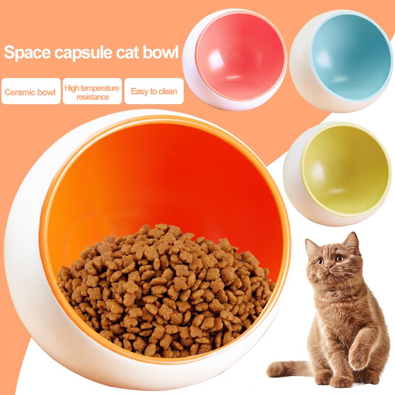 Color Creative Ceramic Cat Food Bowl Puppies Dogs Food Space Capsule Oblique Feeding Bowl