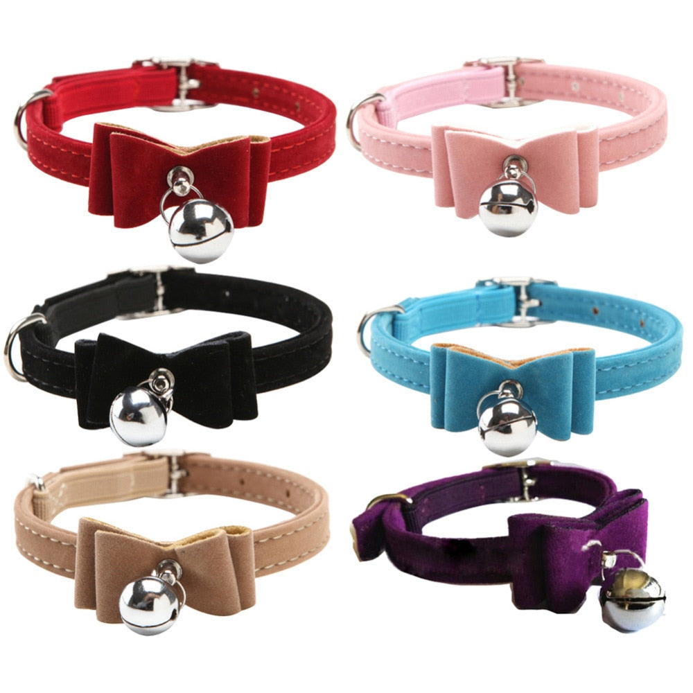 Cat Collar kitten Velvet Bow Tie Safety Elastic Bowtie Bell 6 colours 1pcs Pet supplies