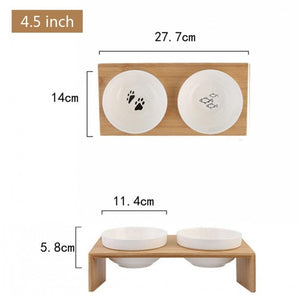 Pets Double Bowl Dog Cat Food Water Feeder Stand Raised Ceramic Dish Bowl Wooden Table Pet Supplies