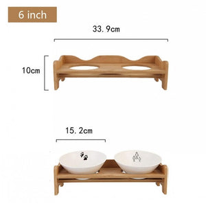 Pets Double Bowl Dog Cat Food Water Feeder Stand Raised Ceramic Dish Bowl Wooden Table Pet Supplies